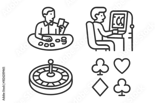 Casino and gambling icons set featuring poker player, slot machine, roulette wheel, and card suits