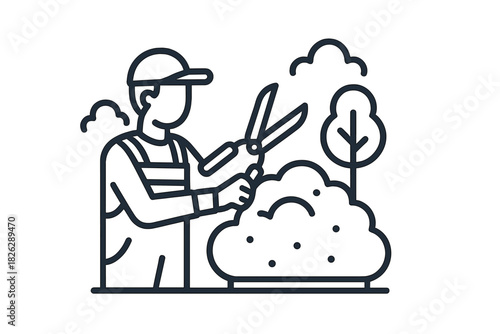 Professional gardener trimming a decorative garden bush with large shears