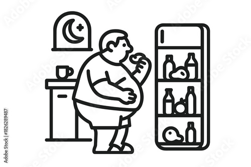 Overweight person eating late at night from an open refrigerator in a kitchen