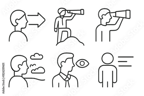 Minimalist line icons set for vision, observation, perspective, and future strategy concepts