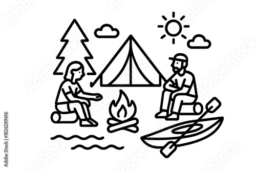 Couple enjoying a summer camping trip outdoors sitting by a campfire near a tent and kayak