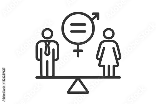 Black and white line art icon depicting gender equality and balance between male and female figures on a scale