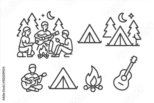 Minimalist line icons for camping, outdoor recreation, and summer activities