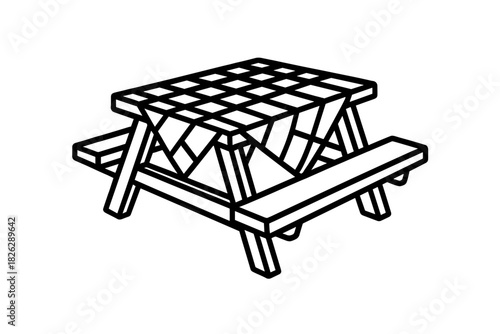 Wooden picnic table with attached benches and a checkered tablecloth design