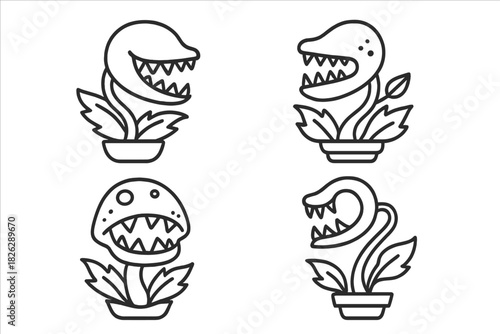 Four different styles of hungry carnivorous monster plants with sharp teeth in flower pots