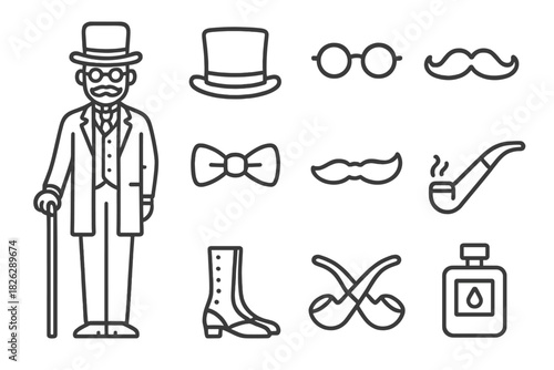 Distinguished vintage gentleman character with classic accessories including top hat mustache pipe and bow tie
