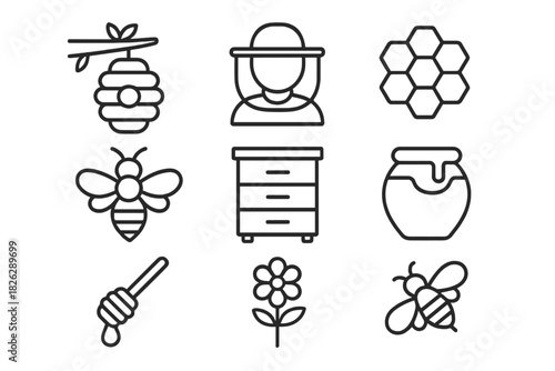 Set of beekeeping and honey production symbols including bee, honeycomb, hive, and beekeeper