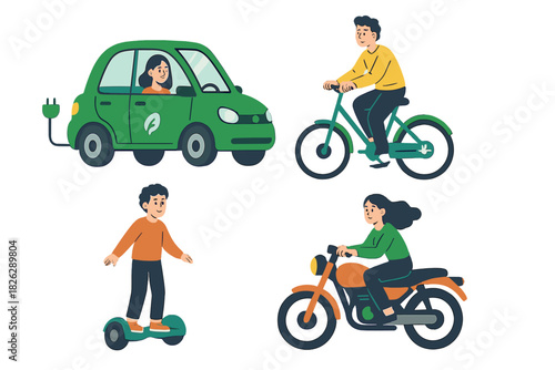 Eco-friendly urban mobility set with electric car, bicycle, motorcycle, and hoverboard