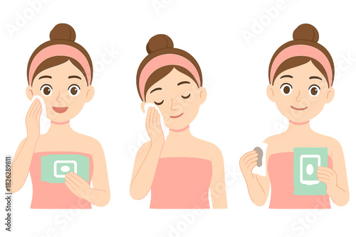 Young woman demonstrating three steps for facial cleansing or makeup removal using cotton pads and wipes