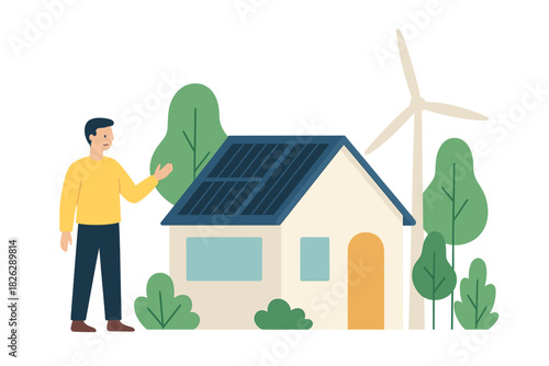 Man standing next to a modern sustainable house powered by rooftop solar panels and wind energy
