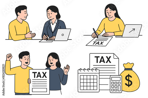 Financial planning and tax preparation concepts featuring people and accounting