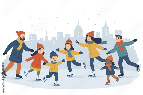Cheerful group of adults and children ice skating together outdoors during a winter snowfall