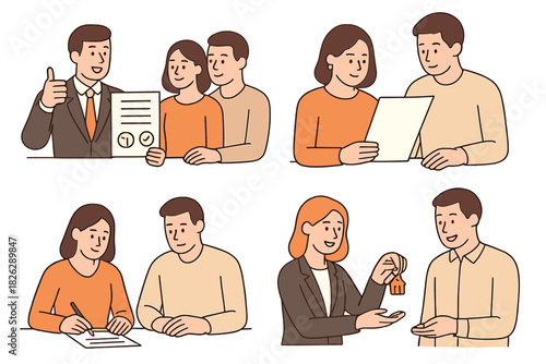 Real estate transaction process stages showing agents and clients signing contracts and receiving keys
