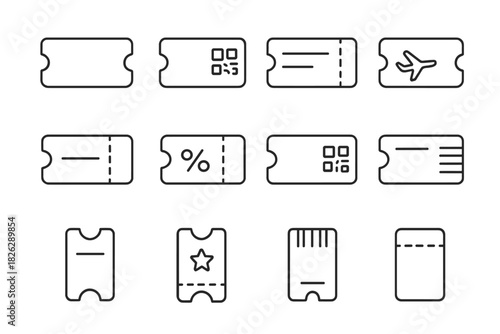 Outline icons set of event tickets, airline boarding passes, and discount vouchers
