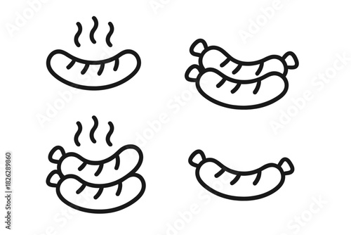 Simple outline icons of various sausages ready for cooking or grilling