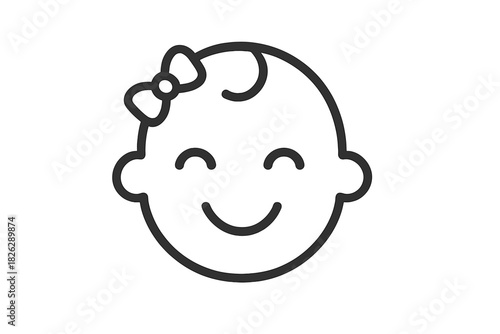 Simple outline drawing of a cheerful baby girl face with a bow, smiling happily
