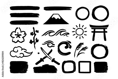 Set of Japanese culture and nature symbols in black ink brush stroke style