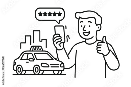 Satisfied passenger giving five star rating for taxi ride service on smartphone app
