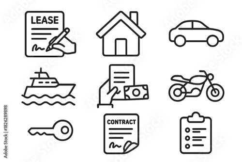 Line icons for lease agreement, contract signing, property, vehicle, and asset rental services