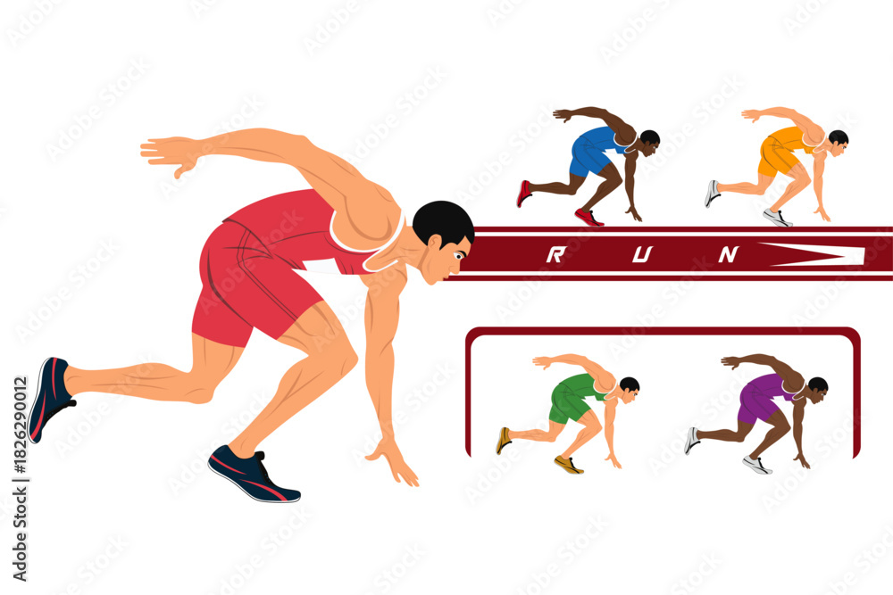 Fototapeta premium Sprinter Athletes at Starting Line Dynamic Running Vector Illustration Running Athletes in Motion Sprint Race Vector (Transparent Background) PNG , Ai file