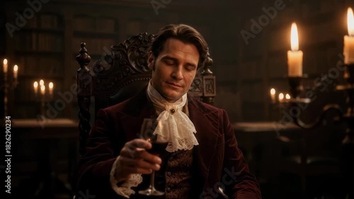 Elegant man in historical costume sipping red wine in a candlelit library. Victorian aristocrat drinking in a dark study. Gothic atmosphere