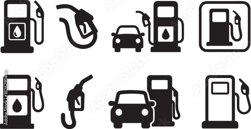 Bold silhouette gas station icon set featuring pumps, nozzles, fuel symbols, and service signs.