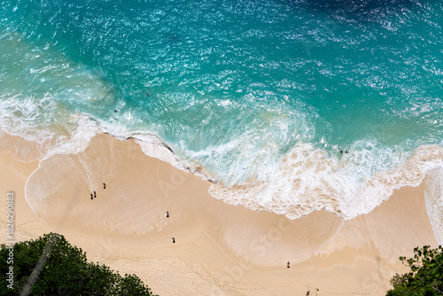 Aerial view of the waves at Crystal Bay beach Nusa Penida, Bali. High quality photo
