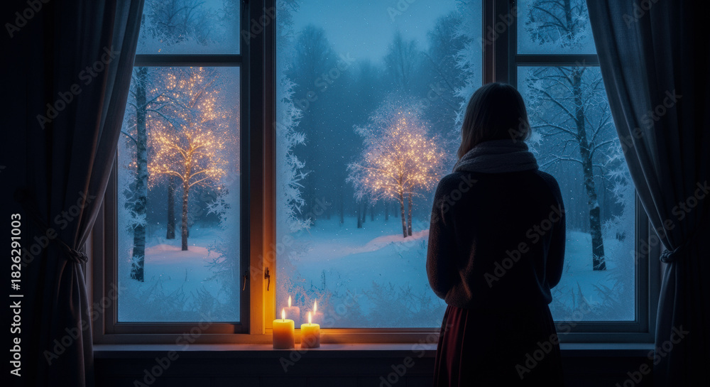 Fototapeta premium Solitary woman gazing at a snow-covered forest illuminated by twinkling lights through a window, conveying a sense of peaceful contemplation.