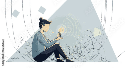 Illustration of a person with headphones contemplating a glowing idea.