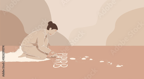 Illustration of a woman in pajamas arranging letter blocks on the floor.