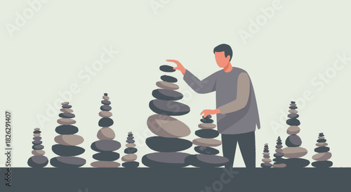 Man carefully stacking stones creating towers of balance and harmony.