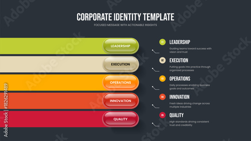 Consulting Introduction Five Option Infographic Slide Template. Company Briefing 5 Step Diagram Presentation Layout. Enterprise Profile Slideshow Design Vector Illustration.