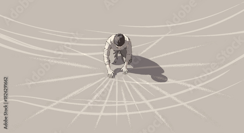 Man sitting on the ground, viewed from above, deep in thought.