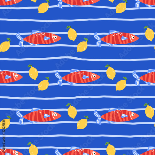 Seamless pattern with red striped fish and yellow lemons in mediterranean style. Bright playful nautical design for summer textiles, packaging, and kids decor
