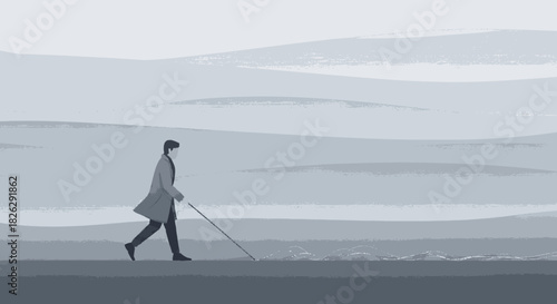 Minimalist illustration of a blind person walking with a long cane.