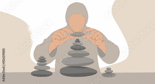 Minimalist illustration of a person stacking stones for balance and meditation.