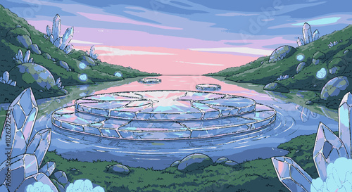 Mystical circular crystal platform floating on tranquil water.