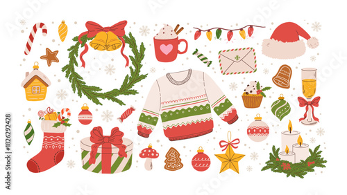Cozy hand draw Christmas icon set with sweets, gingerbread, baubles, wreath, Santa hat, stocking, lights and gift box. Winter holiday clipart. Vector illustration