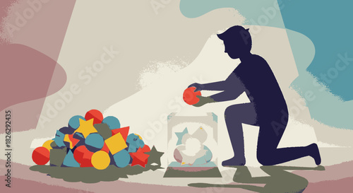 Person organizing colorful geometric shapes into a container.