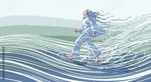 Person walking through fluid waves, dissolving into motion.