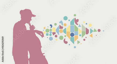 Silhouette of a musician playing a double bass with colorful abstract sound waves.