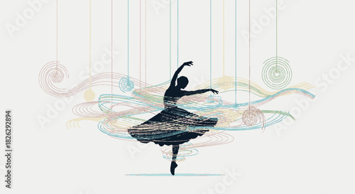 Silhouette of a graceful ballerina puppet dancing on strings.