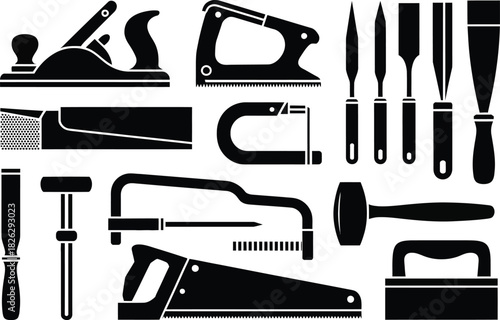 Silhouette Woodworking Tools Icons Set. Saw, Hammer, Plane, Chisel, Carpentry Vector Illustration