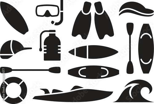 Silhouette Water Sports Icons Set. Kayaking, Surfing, Snorkeling, Life Preserver Vector Illustration