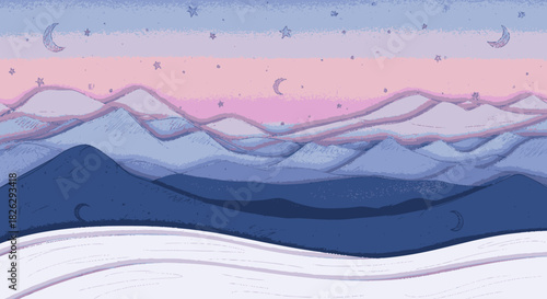 Stylized paper cutout illustration of a serene mountain landscape at twilight.