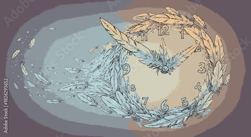 Surreal illustration of a winged clock with a feather wreath.