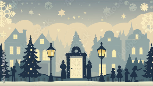 Enchanting winter townscape with festive decorations and silhouettes of people creating a nostalgic, heartwarming holiday scene for seasonal promotions
