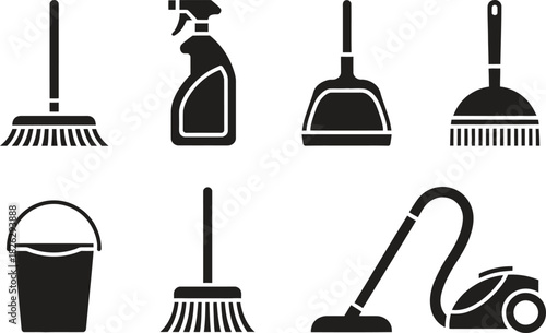 Silhouette Cleaning Tools Icons Set. Broom, Mop, Vacuum, Bucket, Household Cleaning Vector Illustration