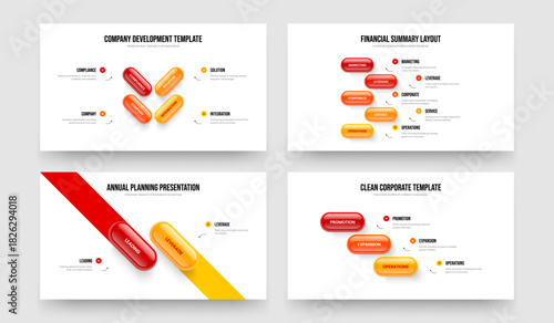 Business Performance 4 5 2 3 Option Infographic Slide Design Collection. Advertising Campaign Four Five Two Three Element Diagram Presentation Template Vector Illustration Set.