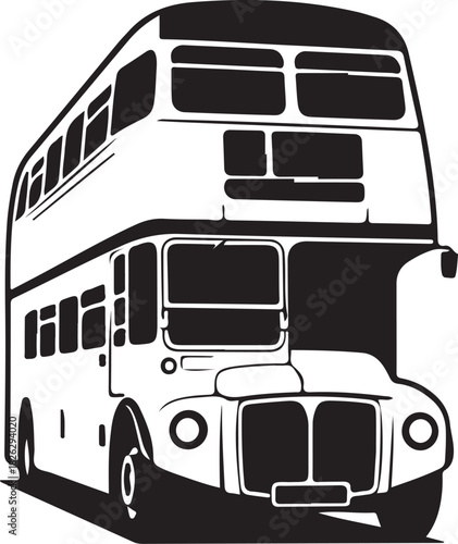 Vintage double decker bus illustration with black and white outline